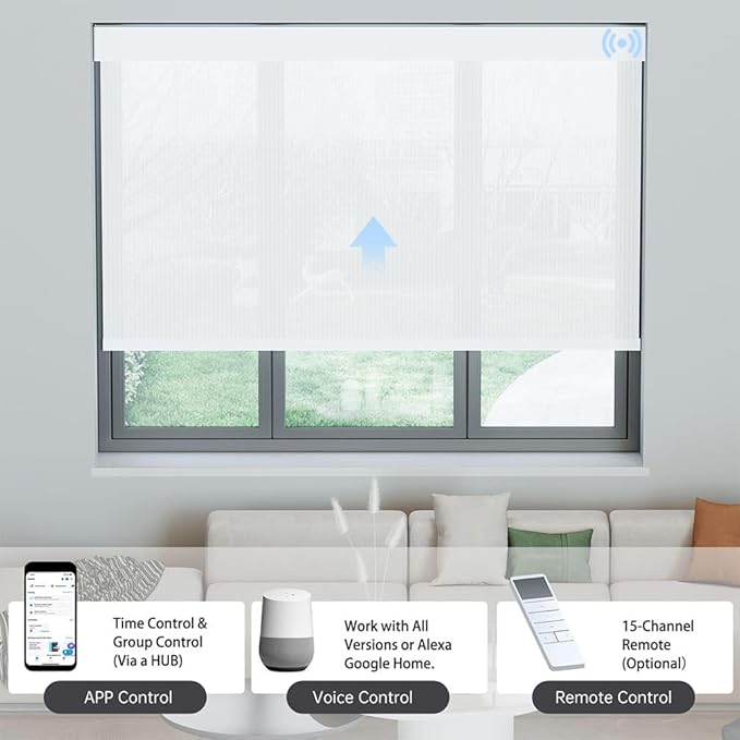 Motorized Solar Shades, Light Filtering Smart Blinds for Windows Automatic Blinds Compatible with Alexa, Falme Resistant Roller Shades Customized for Office Living Room (3% Openness White)