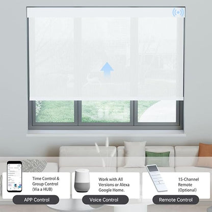 Motorized Solar Shades, Light Filtering Smart Blinds for Windows Automatic Blinds Compatible with Alexa, Falme Resistant Roller Shades Customized for Office Living Room (3% Openness White)