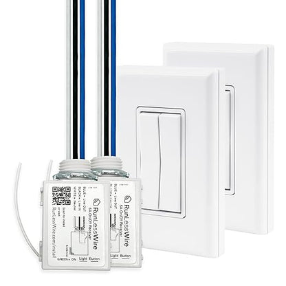 RunLessWire 3-Way Fan & Light Battery-Free DIY Kinetic Wireless Light Switch Kit for Bathrooms & Ceiling Fans: 2 Dual Remote Switches, Both Control 2 5A On/Off Receivers Separately White