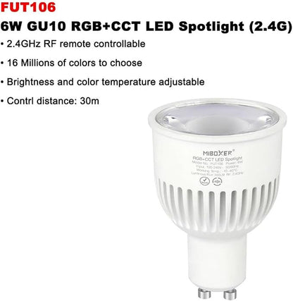 Smart Bulb,FUT106 AC100-240V 6W GU10 Smart 2.4Ghz TUYA RGB+CCT Color Temperature/Brightness Adjustable APP Voice Control,1pcs