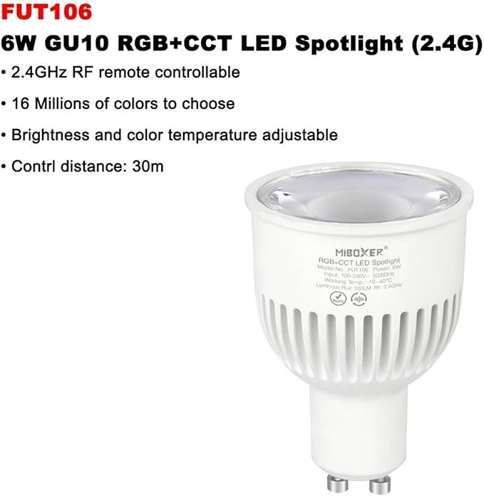 Smart Bulb,FUT106 AC100-240V 6W GU10 Smart 2.4Ghz TUYA RGB+CCT Color Temperature/Brightness Adjustable APP Voice Control,2pcs