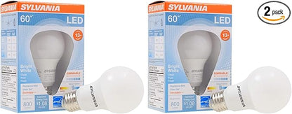 Sylvania A19 LED Light Bulb, 9W, 60W Equivalent, 13 Year, Dimmable, 800 Lumens, 3500K, Bright White - 2 Pack (71185)