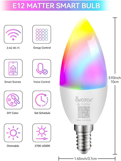 Matter E12 Candelabra Smart Bulb - No Dedicated App Needed, Compatible with Apple Home, Alexa & Google. RGBCW Color & Tunable White for Bedroom Lamps, Living Room & Home Office Lighting(2 Pack)