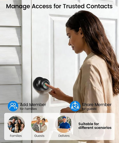 Smart Door Knob with Lock, Keyless Entry Fingerprint Door Lock, Black | Smart Lock with Auto-Lock , App, Key, Fingerprint Door Locks for Front Door, Garage, Apartment, Hotel, Interior, Exterior