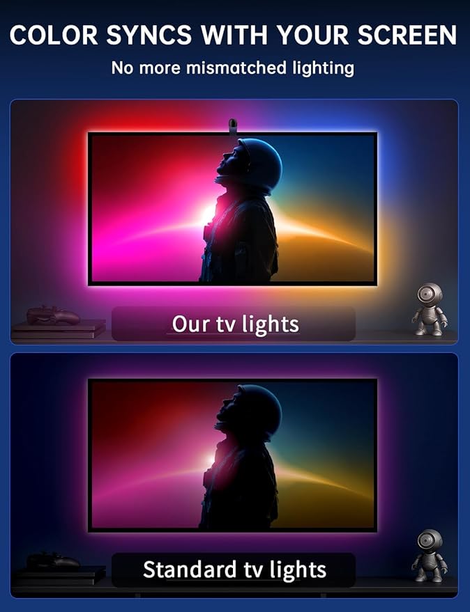 TV Backlight Sync to Screen with Sensor, 18ft RGB LED Light Strip for 75-85” Monitor, Smart App Control, Game & Music Sync Color Lighting