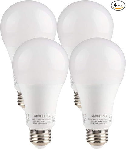TORCHSTAR 100W Equivalent 15.5W Dimmable LED A21 Bulb, 1600Lm, 2700K Soft White, E26 Medium Base, Omnidirectional, Pack of 4