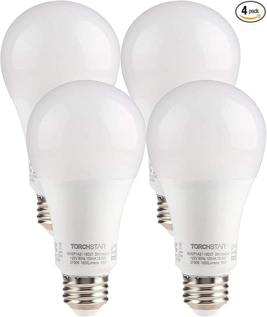 TORCHSTAR 100W Equivalent 15.5W Dimmable LED A21 Bulb, 1600Lm, 2700K Soft White, E26 Medium Base, Omnidirectional, Pack of 4