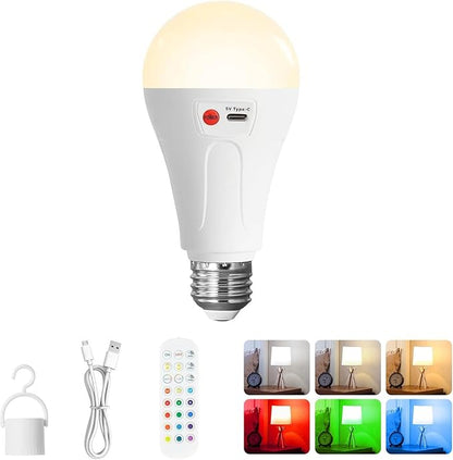 E26 Rechargeable Light Bulbs with Remote, A21 Wireless 2000mAh Battery Operated LED Light Bulbs for Lamp, 3 Color Temperatures Dimmable Color Changing Bulb for Outdoor Use, 1 Pack