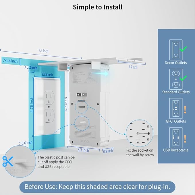 Wall Outlet Extender with Shelf and Night Light, Surge Protector with 3 USB Ports (2A+1C) and 6 AC Outlets, Multi Plug Power Strip Electric Outlet Splitter for Home and Office Use, White
