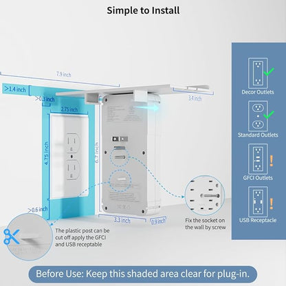 Wall Outlet Extender with Shelf and Night Light, Surge Protector with 3 USB Ports (2A+1C) and 6 AC Outlets, Multi Plug Power Strip Electric Outlet Splitter for Home and Office Use, White