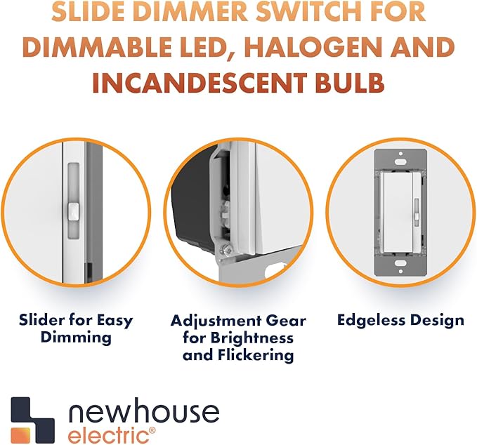 Newhouse Electric Slide Dimmer Switch for Dimmable LED, Halogen, and Incandescent Bulb TDS-600W, Modern Wall Light Dimmer Switch for Contemporary Interior Design