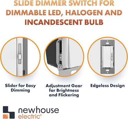 Newhouse Electric Slide Dimmer Switch for Dimmable LED, Halogen, and Incandescent Bulb TDS-600W, Modern Wall Light Dimmer Switch for Contemporary Interior Design
