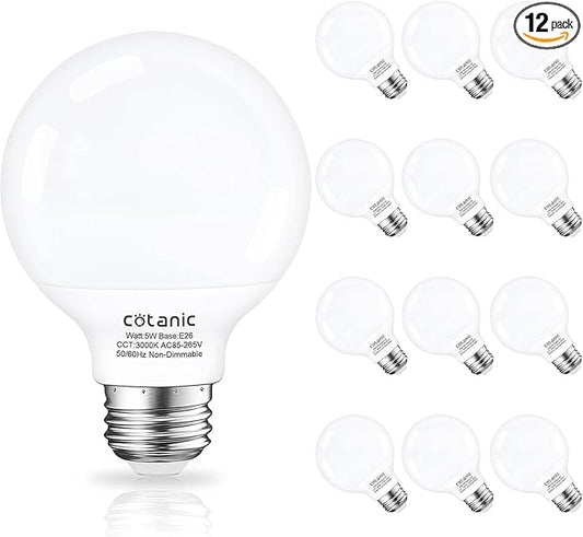 Cotanic 12 Pack G25 LED Vanity Light Bulb 3000K Soft White, Bathroom Round Light Bulb, E26 Standard Base, 5W, 60 Watt Equivalent Incandescent Replacement, 500LM, Non-Dimmable