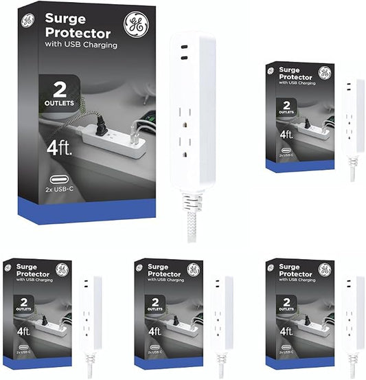 GE 2 USB C Extension Cord Power Strip, 2 Outlets, 4 Ft Braided Cord (Pack of 5)