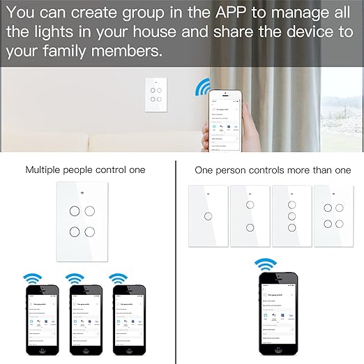 MOES Touch Wall Single Live Wire Smart Switch, No Neutral Wire Needed, 2.4GHz WiFi RF433 Light Switch Works with Smart Life/Tuya App, Alexa and Google Home, Single Pole 110V, White 4 Gang