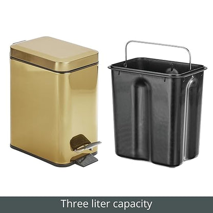 mDesign Slim Metal Rectangle 0.8 Gallon Trash Can with Step Pedal, Easy-Close Lid, Removable Liner - Narrow Wastebasket Garbage Container Bin for Bathroom, Bedroom, Kitchen, Office - Soft Brass