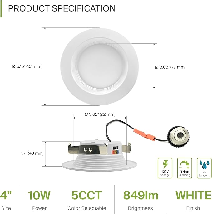 ASD 12 Pack 4 Inch Retrofit LED Recessed Light - 10W 2700K-5000K 849LM Retrofit LED Recessed Lighting 4 Inch, Dimmable Recessed Lights, Wet Rated Baffle Trim Can Lights, ETL, Energy Star