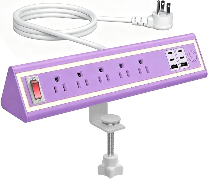Desk Clamp Power Strip with Nightlight, 40W Fast Charging, 10FT Extension Cord, 4x20W USB-C & 2 USB Ports, 5 AC Outlets, Fits 1.69-Inch Table Edges