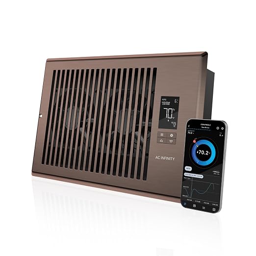 AC Infinity AIRTAP T6, Bronze Register Booster Fan for 6”x10” Openings | LCD Temperature Controller, Bluetooth, Quiet 10-Speeds