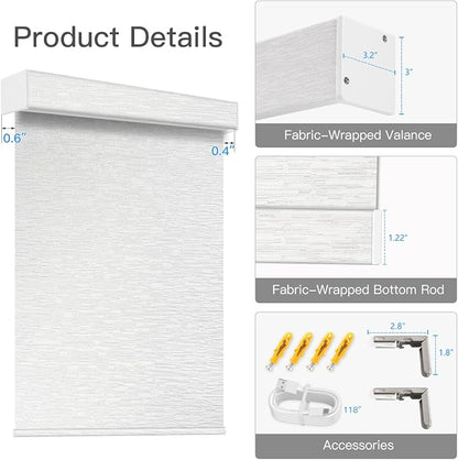 Tokblind Motorized Light Filtering Roller Shade Fabric Covered Valance and Bottom Rod, Remote Control Electric Window Blind Compatible with Alexa via Hub, Custom Size (Texture White - Wrapped Fabric)