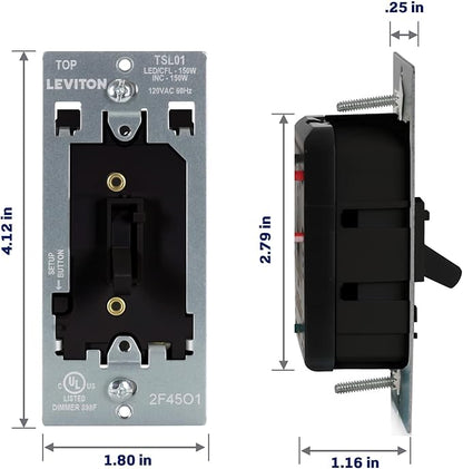 Leviton Toggle Slide LED Advanced Dimmer Switch for 150W Dimmable LED, Halogen and Incandescent Bulbs and Fixtures, TSL01-10E, Black