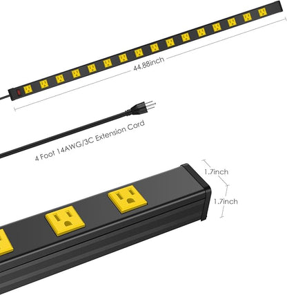 JUNNUJ Long Metal 16 Outlet Wide Spaced Garage Industrial Heavy Duty Power Strip with 4 FT Cord 15A, 125V, 1875W. Yellow