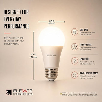 (6 Pack) Elevate LED A19 Light Bulbs, 14W (100W Equivalent), 5000K Daylight, E26 Base, Energy-Efficient Replacement for Lamps, Ceiling Fixtures, Residential & Commercial Use