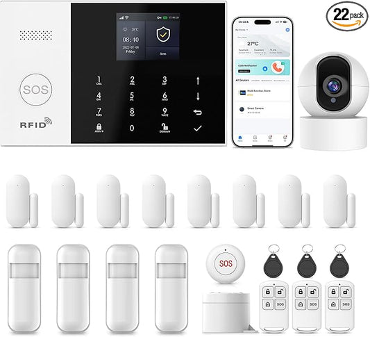 Home Security Systems,22Piece WiFi+GSM/4G with 2K HD Camera Wireless Home Alarm System Kit,Phone Smart Life/Tuya App Control & Real-Time Alert,SOS Button,NO Monthly Fees,Easy to Install