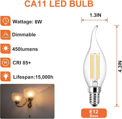 CA11 Chandelier Dimmable Light Bulbs 2700k Warm White 6W 120V, 12 Pack High Output CA11 60 Watt Candelabra Base Bulbs Led, No Flicker CA 11 LED Light Bulbs with E12 Base for Indoor Lighting.