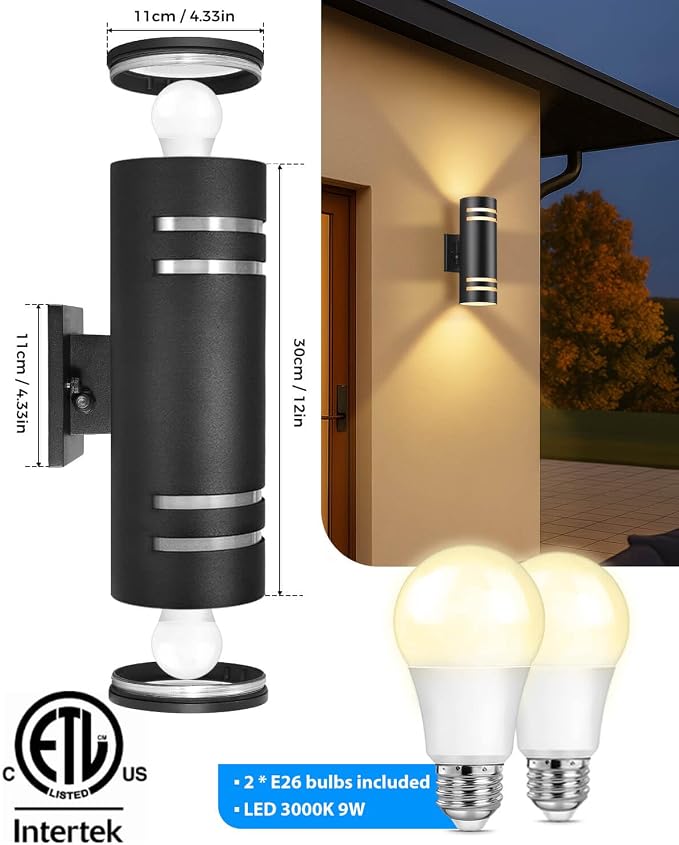 KIZON Outdoor Wall Lights with Dusk to Dawn Sensor, Cylinder Outdoor Light Fixture Wall Mount, Matte Black Porch Light Bulbs Included, Outdoor Wall Sconce for House Garage Patio, ETL Listed