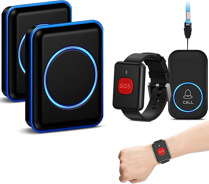 FullHouse Caregiver Pager Wireless Call Button Emergency Wristband | 1000+ Feet Range, Senior Alert Button to Call Family, Monitoring Calling System for Patient/Disabled at Home, IP55 Waterproof