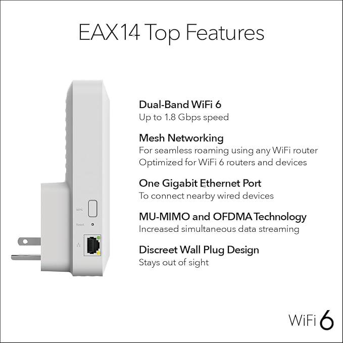 NETGEAR WiFi 6 Mesh Range Extender (EAX14) - Add up to 1,200 sq. ft. and up to 20 Devices with AX1800 Dual-Band Wireless Signal Booster & Repeater (up to 1.8 Gbps Speed), WPA3 Security, Smart Roaming