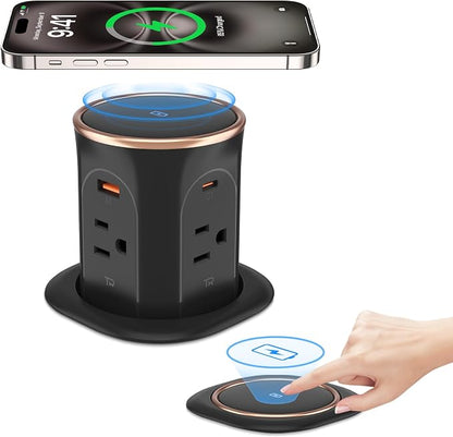 ANNQUAN 3.15" Motorized Pop Up Outlet Wireless Charger 20W USB Black 6FT | Pop Up Countertop Receptacle Max 20W Power Delivery Pop Up Electrical Outlet with 4 Outlets 4 USB Ports Home Office Kitchen