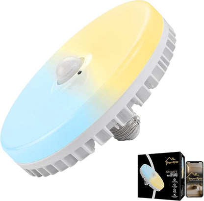 Motion Sensor Garage Lights with Daylight Harvesting Auto-Dimming, 60Wx2 Equivalent LED Light Bulb with App Control, E26 3000K-5000K Tunable & Dimmable for Garage Basement Attic Stairwell