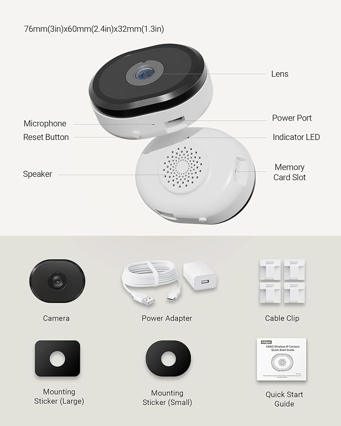 Anlapus A60 3MP 2K Window Security Camera, 2 x Plug-in WiFi Indoor Camera for Home Security, 5G/2.4G WiFi, Color Night Vision, Motion Detection, 24/7 Recording, Easy Install, US-Only Cloud Storage