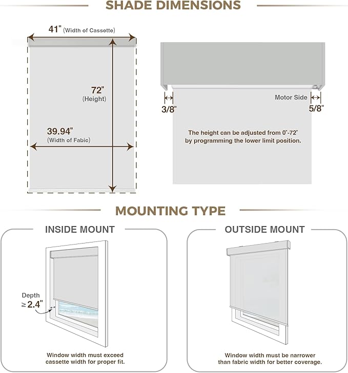 HeyBlinds Blackout Motorized Smart Blinds with Remote, Automatic Electric Shades for Windows (Breeze- Light Grey BO, 41" W x 72" H)