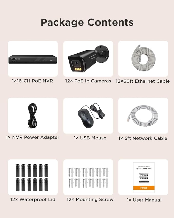 4K Security Camera System 16 Channel, 16CH NVR 4TB HDD, 12PCS 8MP PoE Commercial IP Bullet Cameras, Smart Color Night Vision, 2 Way Audio, Human Vehicle Detection, Remote Access, PB65B1216-8MD