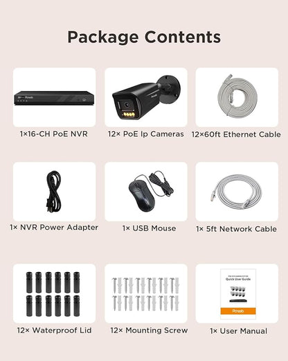 16 Channel Security Camera System, 16CH NVR with 4TB HDD, 12PCS 5MP PoE Commercial IP Camera, Smart Color Night Vision, 2 Way Audio, AI Human Vehicle Detection, Remote Access, PB65B1216-5MD