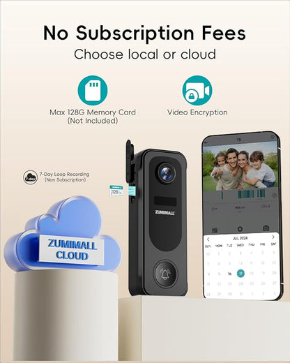 ZUMIMALL Doorbell Camera Wireless No Subscription - 2K Video Doorbell with Chime, 2 Way Audio, Anti-Theft, PIR Human/AI Detection, Local/Cloud Storage, 2.4GHz WiFi, Battery Powered, Work with Alexa