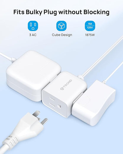 TROND Polarized 2 Prong to 3 Prong Flat Outlet Adapter with 6 Inch Cord, No Blocking 3 Way Flat Plug Outlet Extender Behind Furniture, For Non-ground Socket in Old House Home Office Travel, White