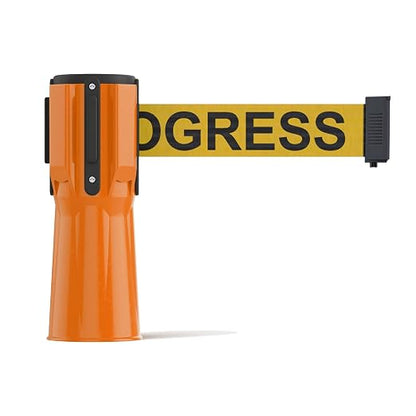 Trafford Industrial 11 Ft. Cone-Mounted Retractable Belt Barrier Orange Case with Yellow"Cleaning in Progress" Black Letters Belt
