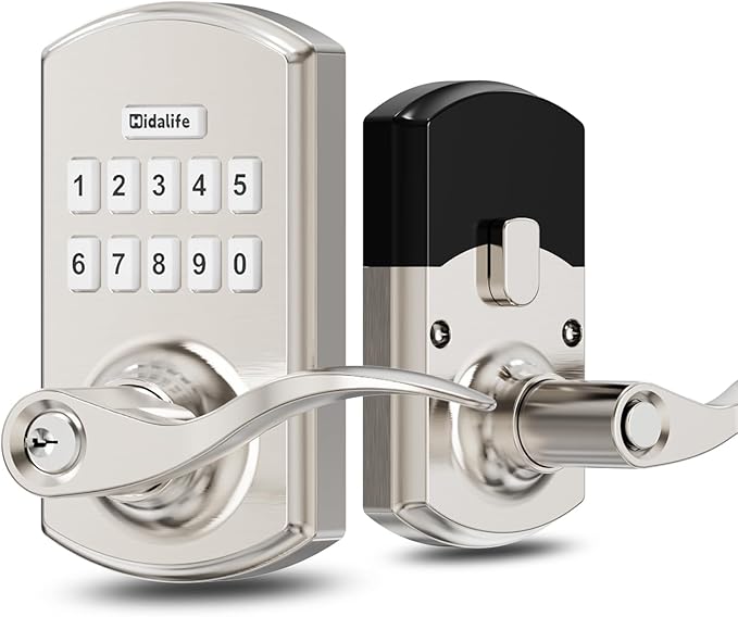 Hidalife Keypad Door Lock with Handle, Keyless Entry for Front Door, Manual Passage Mode, Satin Nickel