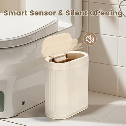 ELPHECO Bathroom Trash Can 2 Gallon Plastic Smart Garbage Can Waterproof Wastebasket Bathroom Decor Narrow Garbage Bin with Automatic lid for Bedroom, Kitchen (Beige)