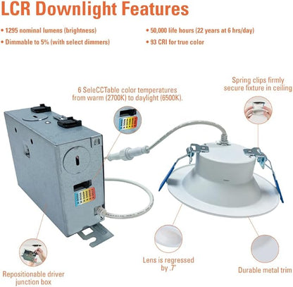 HALO LCR 4 in Canless LED Recessed Light, 14W, Dimmable, 1300 Lumens, 6 Selectable CCT 2700K-6500K, Wet Location, IC Rated Indoor Outdoor Ceiling Downlight, Matte White - LCR412RD9FSE020