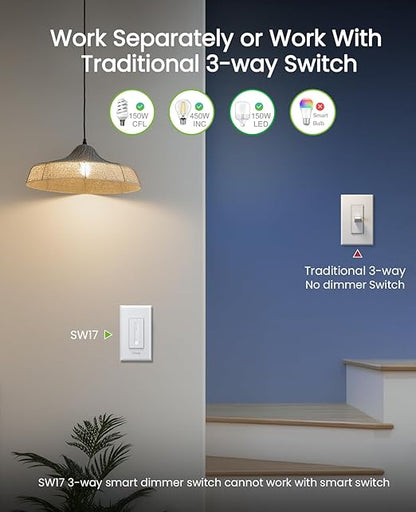 GHome Smart 3 Way Dimmer Smart Switch Can Work Separately Or Work with Traditional 3-Way Switch, Compatible with Alexa, Google Assistant, Neutral Wire Required, 2.4GHz WiFi Only, FCC Certified, 3 Pack