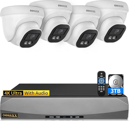 (2026 Update) 4K PoE Security Camera System, 4 Wired Dome Cameras Outdoor Indoor, 130° Wide Angle, 8CH NVR with 3TB HDD, Built-in Mic, Free App Remote Access, No Monthly Fee, 90 Days Recording