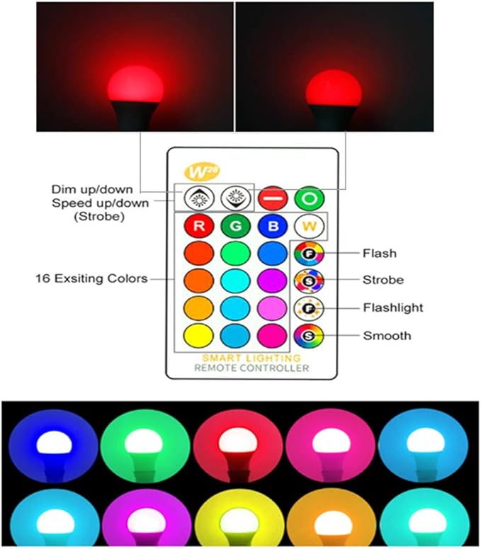 RGBW Color Changing LED Light Bulbs, A19 E26 Screw Base IR Remote Control Dimmable with Memory Function 60W Equivalent for Home Decoration Stage Bar Party (RGB+Warm Lighting, 2-Pack)