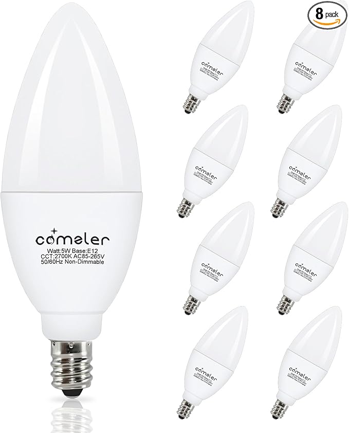comzler Type B Shape LED Ceiling Fan Light Bulbs E12 Small Base, 2700K Soft Warm White LED Candelabra Bulb 6W (60watt Equivalent), Chandelier Light Bulbs 500 Lumens No-Dimmable 8 Pack