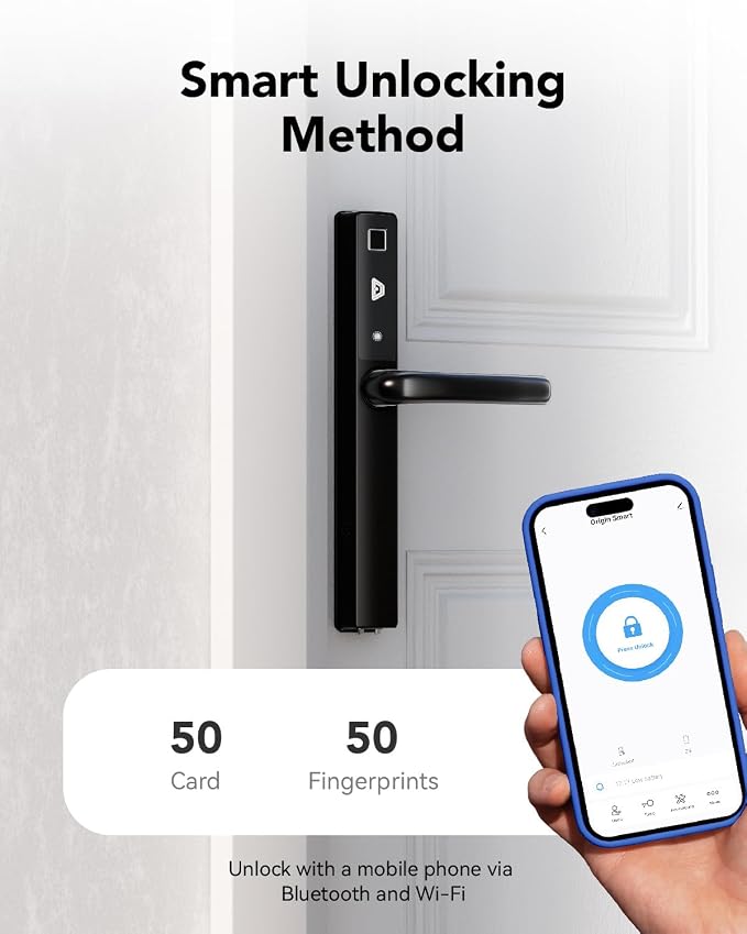 Blusafe Origin Smart Keyless Door Handle for Home Security, App Control, Key Card, Remote Lock/Unlock (Black, OS)