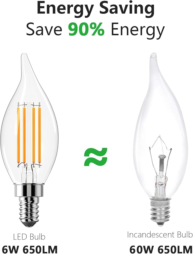 CYLYT Dimmable E12 Candelabra LED Light Bulbs 60 watt Equivalent, 2700K Warm White Chandelier Candle Bulb, 6W 650 Lumen Decorative Flame Tip Clear Bulbs, 12-Pack